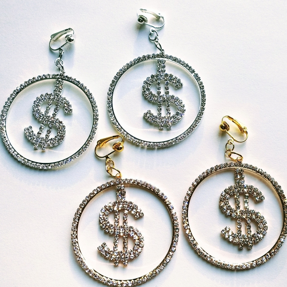 2 Pair -- 2" Gold & Silver RS $ Hoop Clip Earrings
